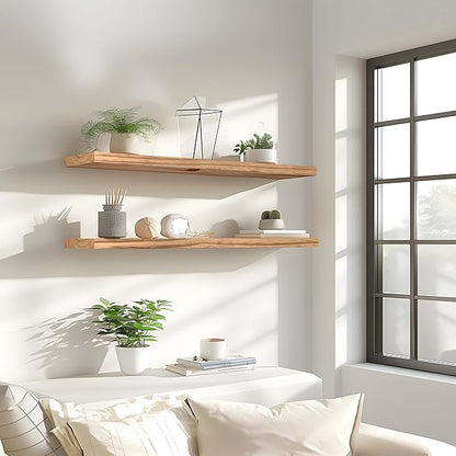 PHPH 36 Inch Wood Floating Shelves for Wall, Wooden Wall Shelves for Bedroom, Set of 4 Light Brown
