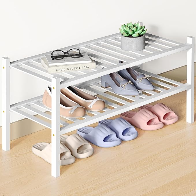 Smiry Bamboo Shoe Rack for Closet, 2 Tier Wooden Stackable Shoe Organizer, Free Standing Shoes Storage Shelf for Entryway, Front Door Entrance, White