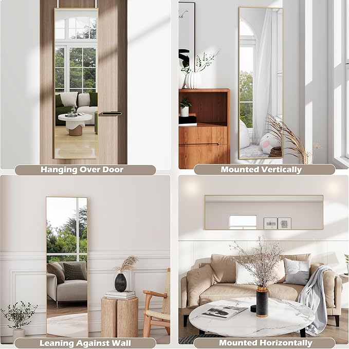 Full Length Door Mirror 14x48, Metal Frame with Protective Film, No-Drilling Hanging or Wall Mount (Horizontal/Vertical), Hooks & Hardware Included, Full Body Mirror for Bedroom, Dorm, Gold