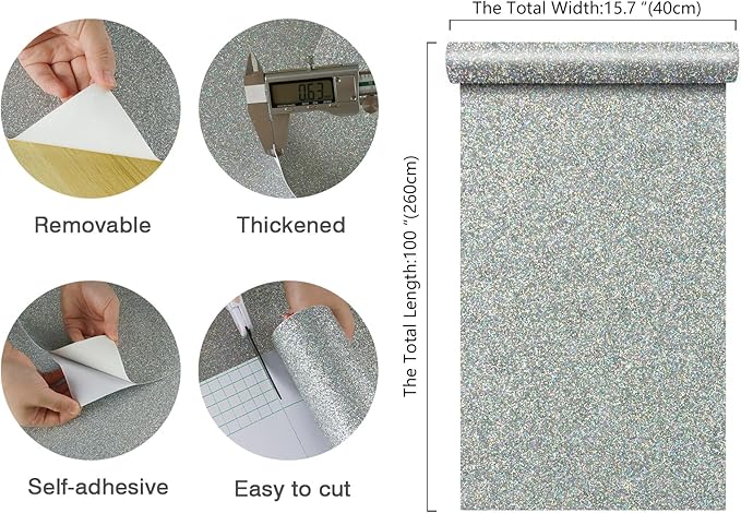 CHIHUT Holographic Silver Glitter Wallpaper Stick and Peel for Walls Self Adhesive Glitter Stick on Wallpaper for Bedroom Sparkle Fabric Glitter Contact Paper for Cabinets Shelf Liner 15.7''x100''