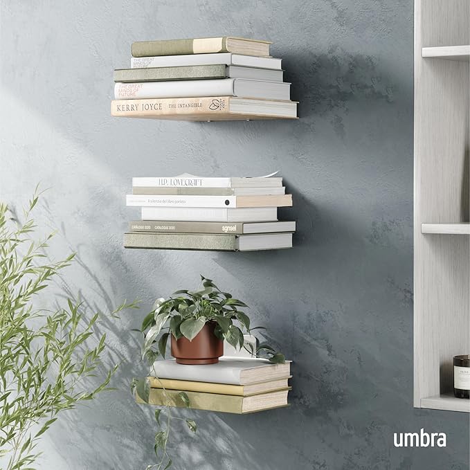Umbra Conceal, Sturdy Metal Floating Bookshelf for Wall, Silver, Large, Set of 3