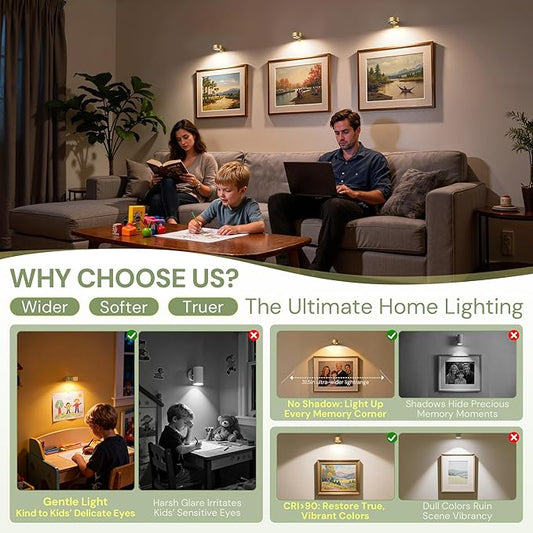 L LOHAS LED Gold 3Pcs Battery Operated Picture Light, Magnetic LED Painting Light with Remote, Dimmable and Timer, Art Display Light for Picture Frame Paintings, Wireless Wall Decor Puck Lights, 3CCT
