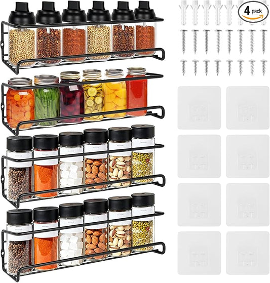 4 Pack Spice Rack Organiser Hanging Spice Shelves Carbon Steel Wall Mount Spice Rack Kitchen Storage Racks Storage Spices and Condiments Spice Jars for Kitchen Cabinet Cupboard Pantry Door