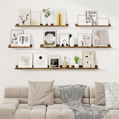 RICHFOCUS Picture Ledge Shelf, 72 inch Floating Shelves Set of 2, Wood Wall Shelves with Lip, Wall Decor Storage for Bedroom Living Room Bathroom Kitchen Nursery Photo Picture, Rustic Brown