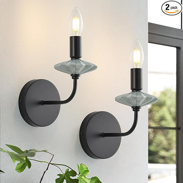 Modern Retro Wall sconces Set of Two with Green Ceramic Flower Decoration,Black Wall Lights, Hardwired Vintage Vanity Light for Bathroom, Living Room, Bedroom, and hallways.