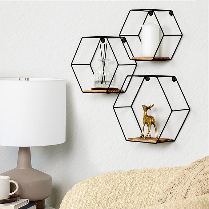 Greenco Geometric Hexagon Shaped Floating Shelves, Honeycomb Shelves, Home Decor, Metal Wire and Rustic Wood Wall Storage Shelves for Bedroom, Living Room, Bathroom, Kitchen and Office – Set of 3
