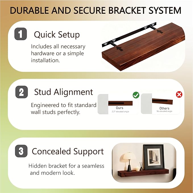 Solid Wood Floating Shelves,35.4in Finished Real Wood Wall Shelves with Heavy-Duty Hidden Bracket, Easy Installation, Set of 2, 35.4in x 7.1in x 1.5in, for Living Room Bedroom Kitchen,Walnut