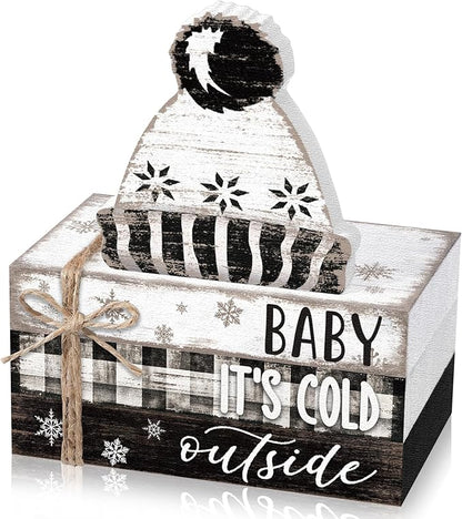 Geelin 4 Pcs Winter Tiered Tray Decorations Wooden Book Stack Signs, Rustic Farmhouse "baby It's Cold Outside" Holiday Winter Decor for Table Shelf Mantel Entryway Home Decorations