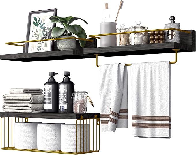 Bathroom Shelves Over Toilet for Wall, Floating Shelves with Storage Basket Paper Holer for Kitchen Living Room, Bedroom & Classroom, Set of 3 (Black and Gold)