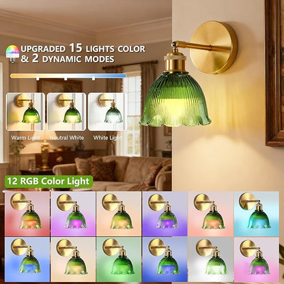 Vintage Battery Operated Wall Sconce with Green Ripple Glass Lampshade Rechargeable Battery Powered Wall Light with Remote Control for Bedside Bedroom Bathroom, Set of 1