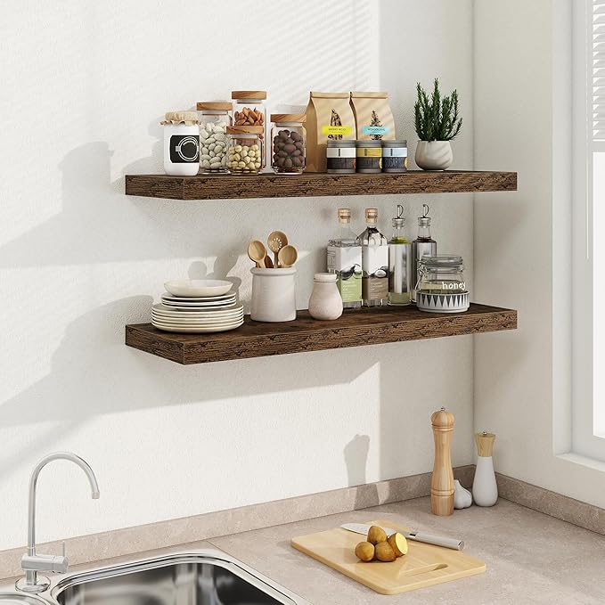 Fun Memories 36 Inch Long Floating Shelves for Wall, 9.3 Inch Deep Floating Shelf, 2 Packs Long Shelves for Bathroom, Living Room, Bedroom, Wall Mounted Storage Shelf for Books Decor, Rustic Brown