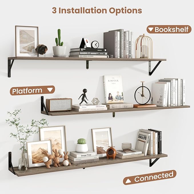 Axeman 48 Inch Floating Shelves | 8 Inch Deep Grey Wall Shelves Set of 2 | 47.3
