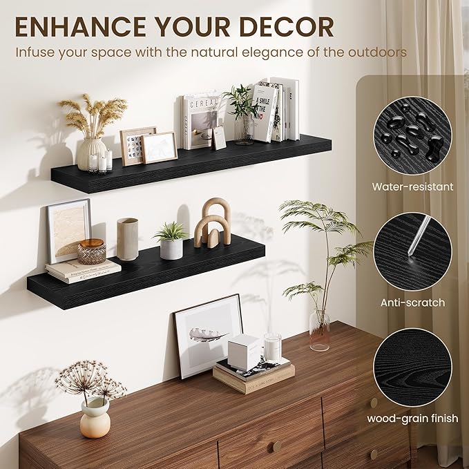 Fun Memories Floating Shelves for Wall 10 Inch, 10 Inch Deep Square Wall Shelves, Bathroom Storage Shelves Over Toilet, Wood Floating Shelves for Living Room Bedroom, Black, Set of 2