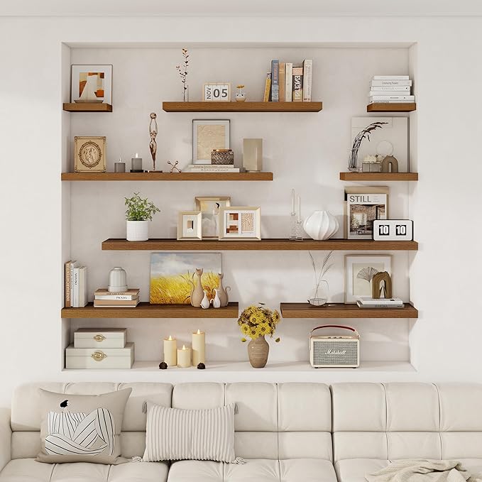 Fun Memories Small Floating Shelves for Wall - 8 Inch Square Wall Shelves with Invisible Brackets, Walnut Shelves for Bathroom, Living Room, Bedroom, and Kitchen Decor, Set of 3