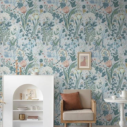 Peel and Stick Wallpaper Vintage Wall Paper Gray Blue Floral Contact Paper Removable Wallpaper 17.3"x393.7" Leaf Flower Self Adhesive for Bedroom Drawer Decor Vinyl Rolls