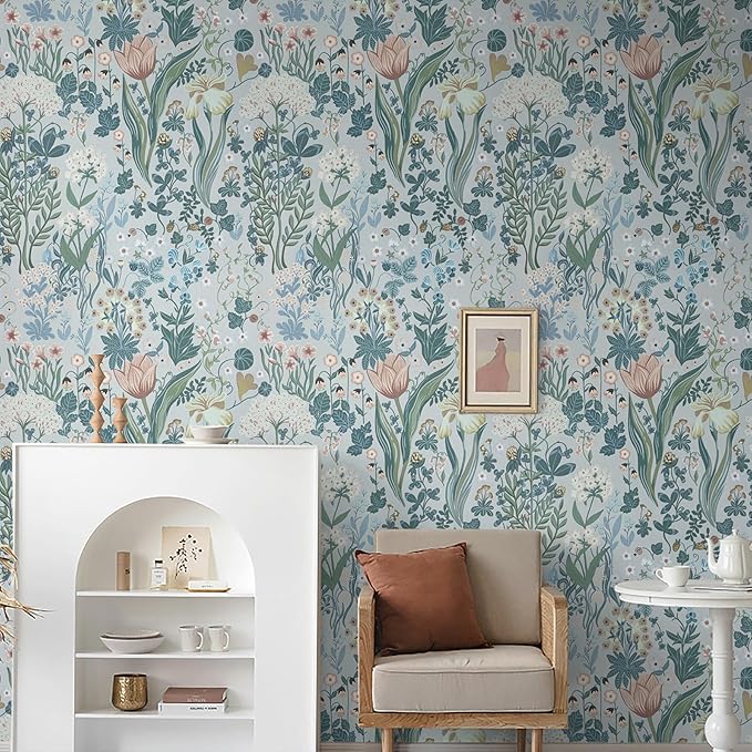 Peel and Stick Wallpaper Vintage Wall Paper Gray Blue Floral Contact Paper Removable Wallpaper 17.3