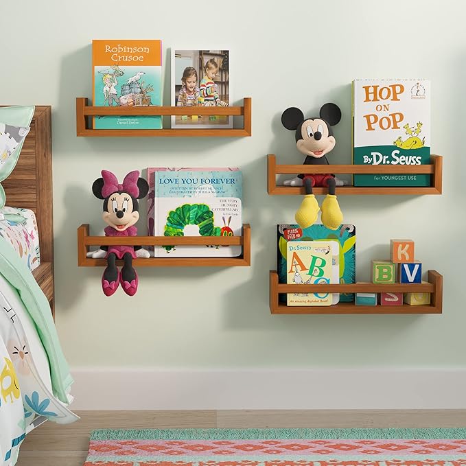 Wallniture Utah Floating Shelves for Wall, Wood Bookshelf for Kids Books, Picture Frames, Nursery Wall Decor, Walnut, Set of 2