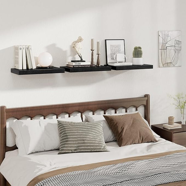 Fun Memories 12 Inch Deep Floating Shelves for Wall, 20 Inch Long Wall Mounted Storage Shelf with Invisible Brackets, 3 Pack Hanging Wood Shelf for Farmhouse, Bedroom, Kitchen, Living Room, Black