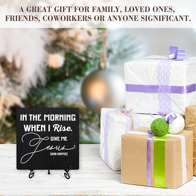 Coffee Sign Desk Decor, In the Morning When I Rise Give Me Jesus and Coffee Sign With Iron Stand, Christian Wood Plaque For Farmhouse Home Kitchen Cafe Bar -06