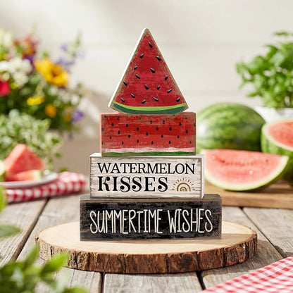 4 Pcs Summer Table Decor Wooden Watermelon Tiered Tray Decor Rustic Farmhouse Watermelon Block Signs Gifts Summer Tabletop Centerpieces for Home Kitchen Coffee Bar Decorations