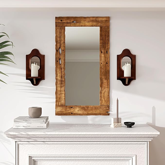 Wooden Arched Floating Shelf - Boho Decor Wall-Mouted Shelves with Mirror Book Display for Bedroom Living Room Bathroom Nursery Home Office 14.5" x 11.6"