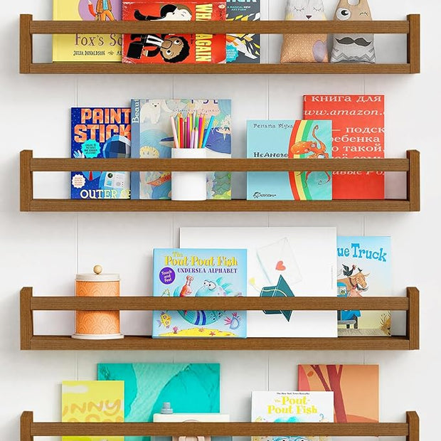 Forbena 24 Inch Wooden Floating Nursery Book Shelves for Wall, Walnut Nursery Bookshelf Wall Mounted for Kids Bedroom, Large Kids Floating Bookshelves for ChildToys Classroom Books Decor (Dark Brown)