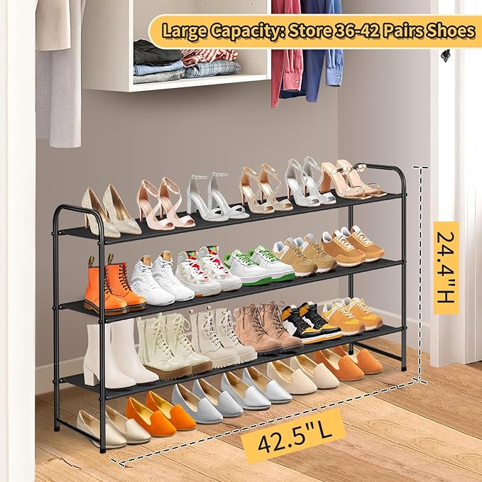 SLEEPING LAMB Long 3-Tier Shoe Organizer for Closet, Stackable Wide Shoe Rack Holds 24-Pairs Shoe Storage Shelf for Bedroom, Floor, Entryway (Black)