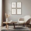 Vintage Floral Wall Art with Walnut Framed, 4 Piece Farmhouse Black and White Botanical Canvas Prints Painting, Rustic Minimalist Flower Pictures for Bedroom Kitchen Bathroom Living Room Home Decor