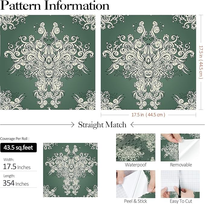FunStick 17.5"x354" Vintage Dark Green Damask Peel and Stick Wallpaper Victorian Beige Floral Self Adhesive Wallpaper for Bedroom Living Room Walls Decorative Green Contact Paper for Cabinets Drawers