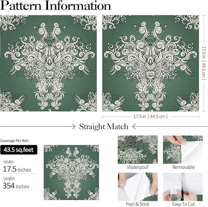 FunStick 17.5"x354" Vintage Dark Green Damask Peel and Stick Wallpaper Victorian Beige Floral Self Adhesive Wallpaper for Bedroom Living Room Walls Decorative Green Contact Paper for Cabinets Drawers