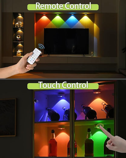3 Pack Wireless RGB Under Cabinet Lights with Timer Function, Rechargeable Puck Lights with Remote Control, Dimmable Magnetic Stick On Light, LED Touch Tap Light for Kitchen, Cabinets, Closet