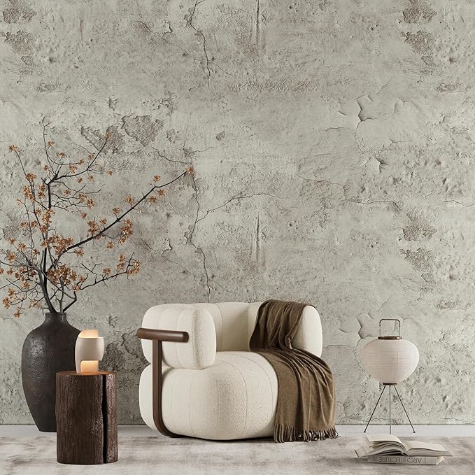 VEELIKE Cracked Beige Concrete Wallpaper Peel and Stick Textured Cement Wallpaper for Bedroom Bathroom 24''x118'' Removable Limewash Wall Paper Self Adhesive Concrete Contact Paper for Wall Countertop