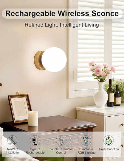 Battery Operated Rechargeable Wall Sconce Single, Brushed Gold Opal Glass Globe Wall Lamp, Wireless Touch & Remote Control, Dimmable 3 CCT + 12 RGB Colors for Bedroom Living Room Hallway