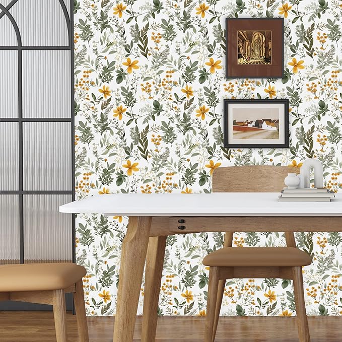 Vintage Leaf Wallpaper Peel and Stick,Green Yellow Floral Contact Paper 17.5