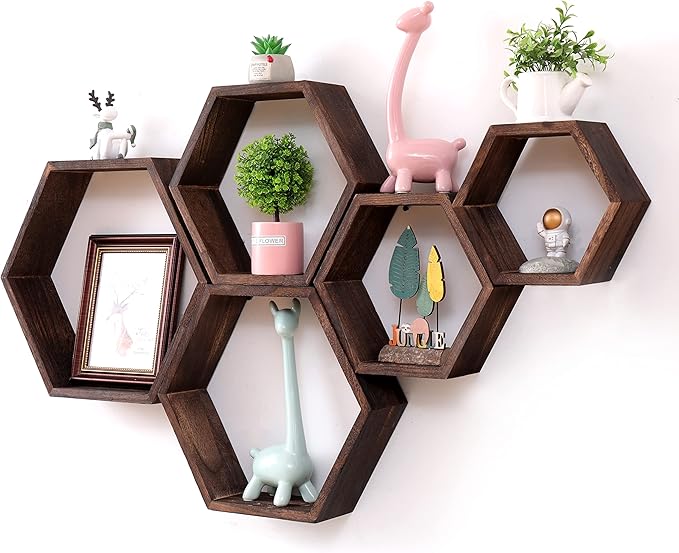 WONFUlity Hexagon Shelves for Wall Mounted, Wood Farmhouse Storage Honeycomb Floating Shelves for Wall Decor,Screws Anchors Included,5pc