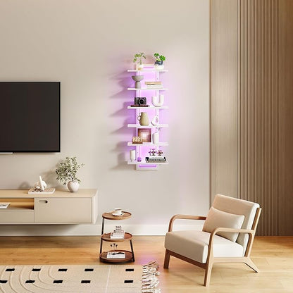 6 Tier Wall Shelf Unit with LED Light, White Floating Shelf, Vertical Display Shelf, Wall Decor for Bedroom, Living Room, Vanity, 15" W x 5.9" D x 43.3" H