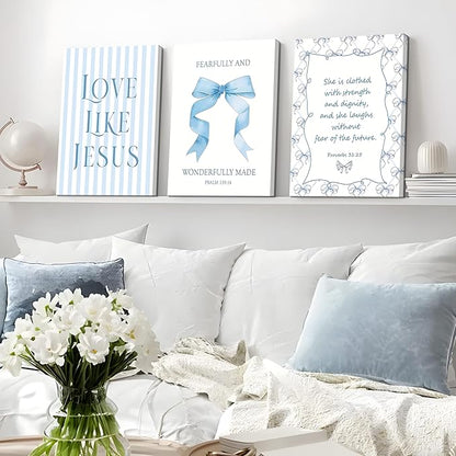 Blue Bow Jesus Wall Art Decor, Light Blue Coquette Dorm Room Wall Decor Paintings, Inspirational Bible Verses Canvas Posters Prints Pictures for Girls Dorm Room, Bedroom, Bathroom 16x24 Inch Framed