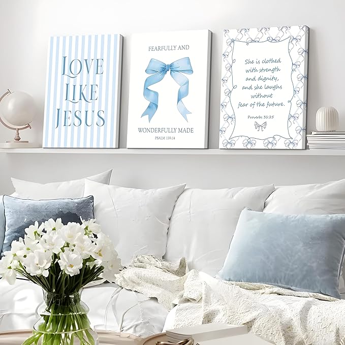 Blue Bow Jesus Wall Art Decor, Light Blue Coquette Dorm Room Wall Decor Paintings, Inspirational Bible Verses Canvas Posters Prints Pictures for Girls Dorm Room, Bedroom, Bathroom 12x16 Inch Framed