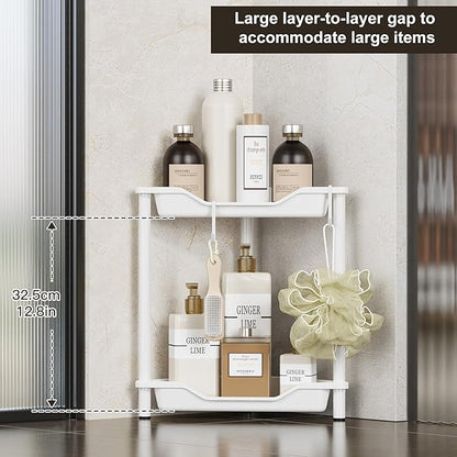 Orimade Rustproof 2 Tier Floor Standing Corner Shower Caddy Organizer, Plastic Metal Splicing Floor Corner Shelf Rack Stands for Bathroom, White