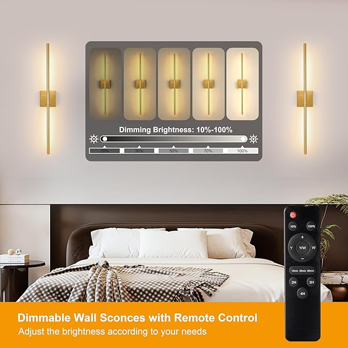 Gold Battery Operated Wall Sconces, Dimmable Wall Sconces with Remote Control, Rechargeable Sconces Wall Lighting, 24″ LED Wireless Wall Lights for Bedroom, Living Room, Bathroom, Hallways