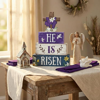 Easter Decorations, 4 Pcs Wooden Easter Table Decorations, He Is Risen Tiered Tray Decor, Wooden Table Sign for Desk Shelf Mantel Coffee Bar, Indoor Home Decor