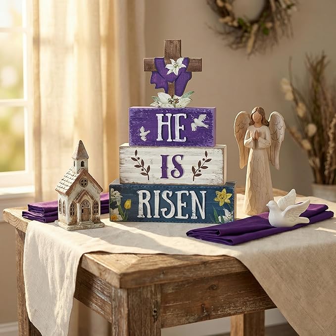 Easter Decorations, 4 Pcs Wooden Easter Table Decorations, He Is Risen Tiered Tray Decor, Wooden Table Sign for Desk Shelf Mantel Coffee Bar, Indoor Home Decor