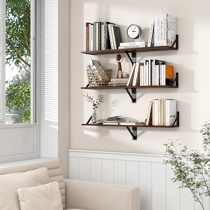 Axeman Floating Shelves for Wall, 16''W x 8''D Wood Floating Shelves Set of 2, 8 Inch Deep Rustic Wall Shelves for Bookshelf Living Room Bedroom Home Office Bathroom