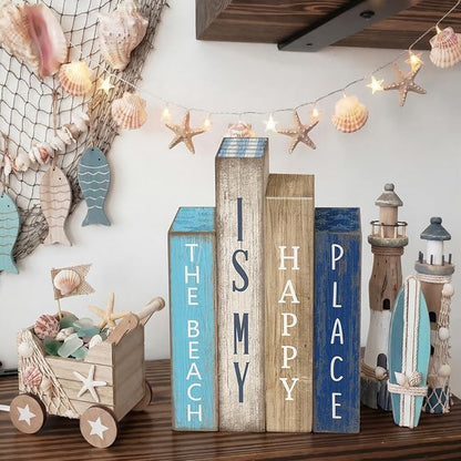 4 Pcs Summer Table Decoration Wooden Book Coastal Beach Decoration Blue and White Summer Tiered Tray Decor Wood Book Signs Farmhouse for Ocean Party Home Shelf Coffee Table
