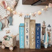 4 Pcs Summer Table Decoration Wooden Book Coastal Beach Decoration Blue and White Summer Tiered Tray Decor Wood Book Signs Farmhouse for Ocean Party Home Shelf Coffee Table