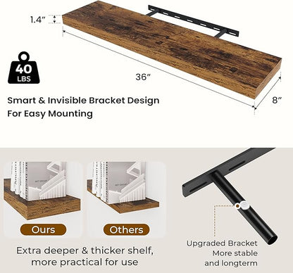 Dreamland 36 Inches Floating Shelves for Wall,8 Inch Deep Floating Shelves Set of 2, Large Display & Storage Shelf, Wall Shelf for Bathroom Bedroom Living Room Kitchen Office,Rustic Brown