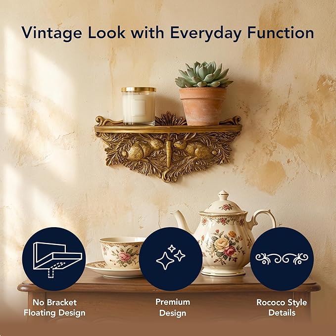 American Art Decor Vintage Ornate Resin Rabbits & Carrot Manor Floating Wall Mounted Shelf in Antique Gold - Rococo Baroque Shabby Chic Ledge for Small Displays