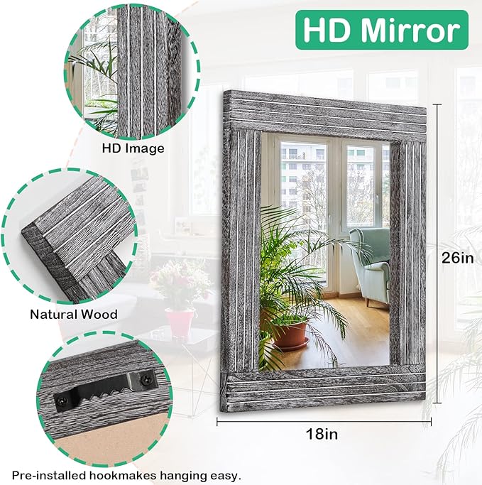 Wall Mirror Rustic Wooden Frame Rectangle Mirror Vintage Hanging Mirror for Bedroom Bathroom Living Room Farmhouse Wall Decor Large 26