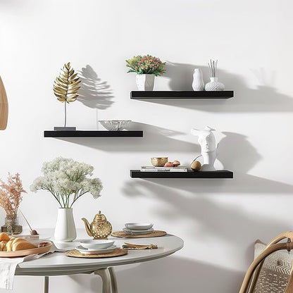 PHPH Wood Floating Shelves for Wall, Wooden Wall Shelves for Bedroom, Set of 6 Black 17 Inch