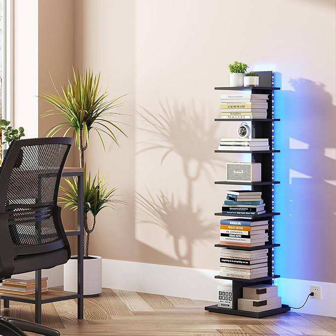 TUTOTAK Narrow Bookshelf, 8-Tier Bookcase with LED Lights, Spine Book Shelf for Small Space, Corner Standing Shelf for Living Room, Office, Study, Entryway, Black BS06BK008L